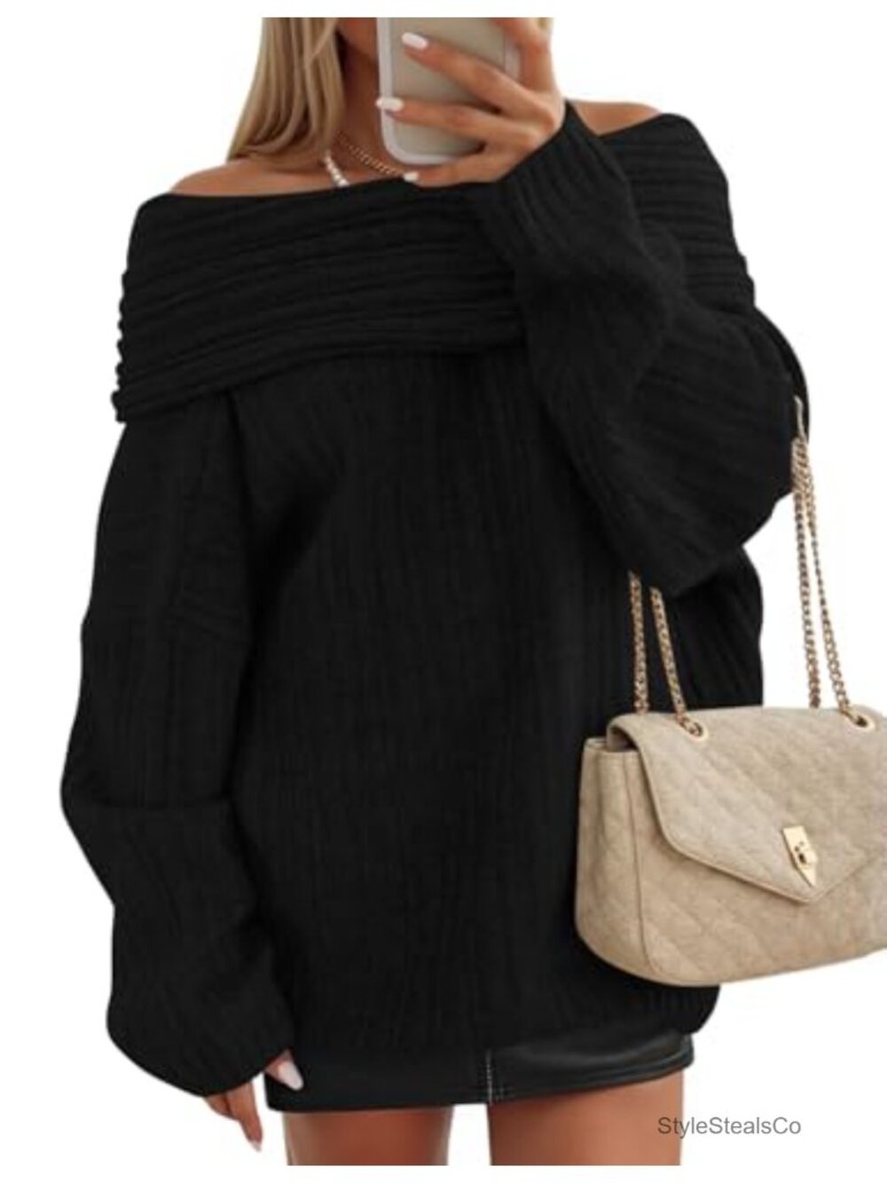 Off The Shoulder Oversized Ribbed Knit Pullover Sweater Long Sleeve